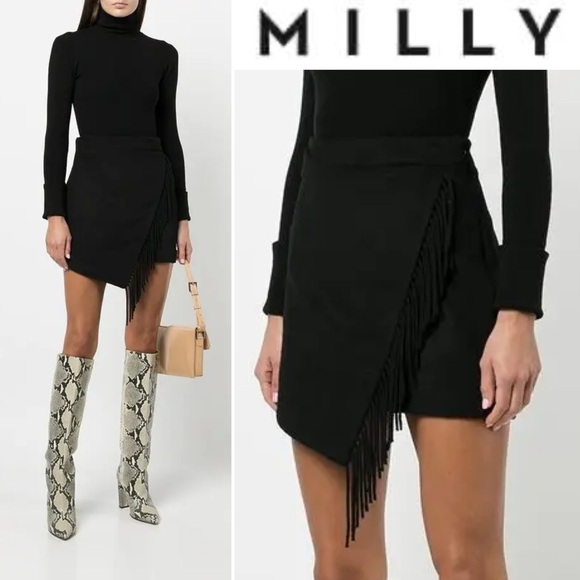 MILLY Saylor Wool Fringe Mini Wrap Skirt Black Size 6 Asymmetrical Hem Warm - Picture 1 of 13